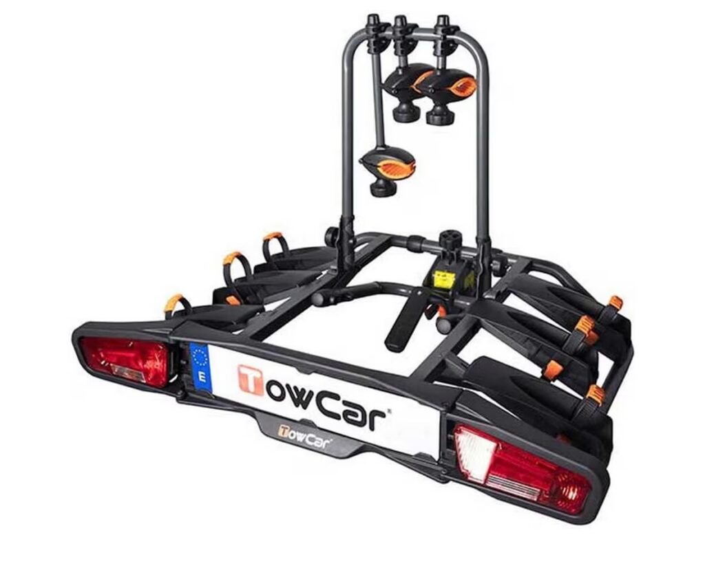 TowCar TR3 portabicicletas de bola para coche, con estructura plegable de acero, capacidad para tres bicicletas, sistema de fijación rápido y seguro, luces integradas y compatible con la mayoría de enganches de remolque.