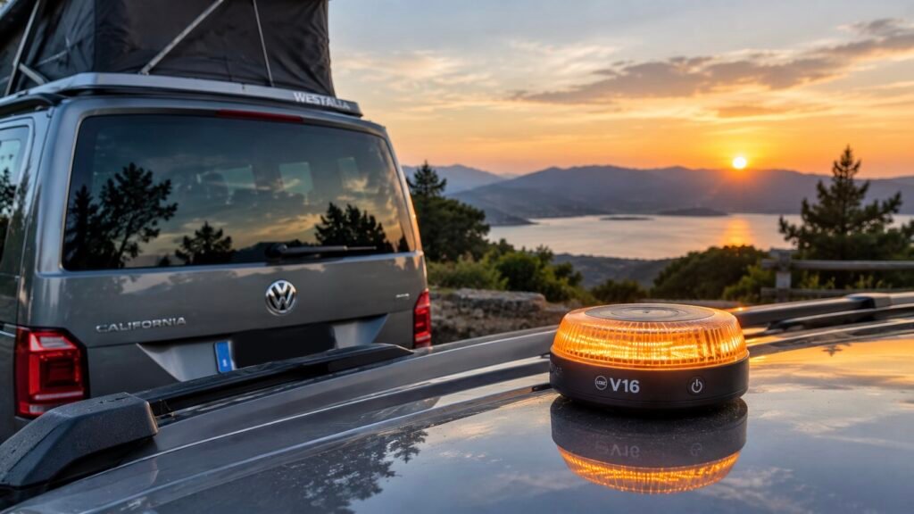 Baliza V16 conectada encendida sobre el techo de una Volkswagen California camper al atardecer