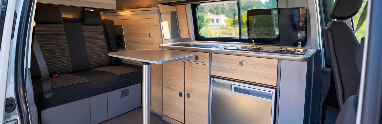 Interior de una Volkswagen California de fábrica con mueble y mobiliario