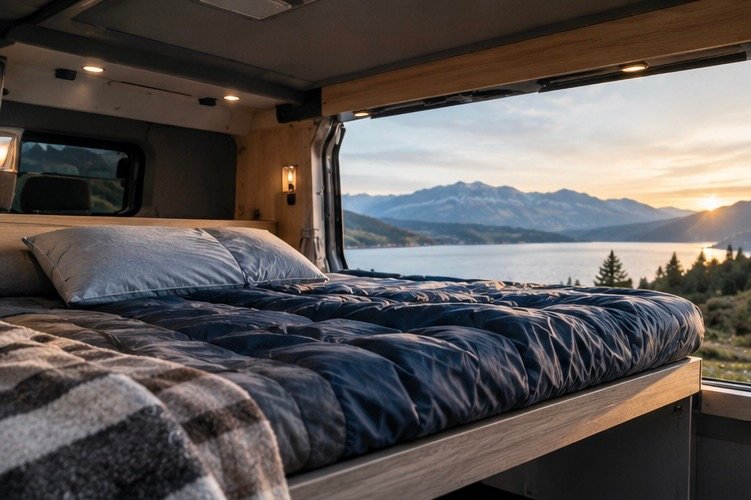 Zona de descanso en una furgoneta camper