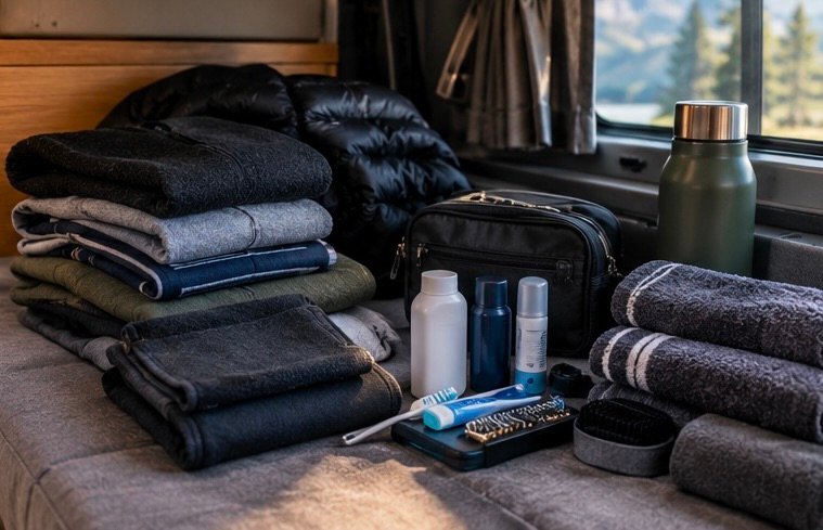 Ropa organizada para viajar en furgoneta camper