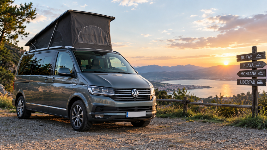 Volkswagen California camperizada con techo elevable abierto aparcada junto al mar al atardecer